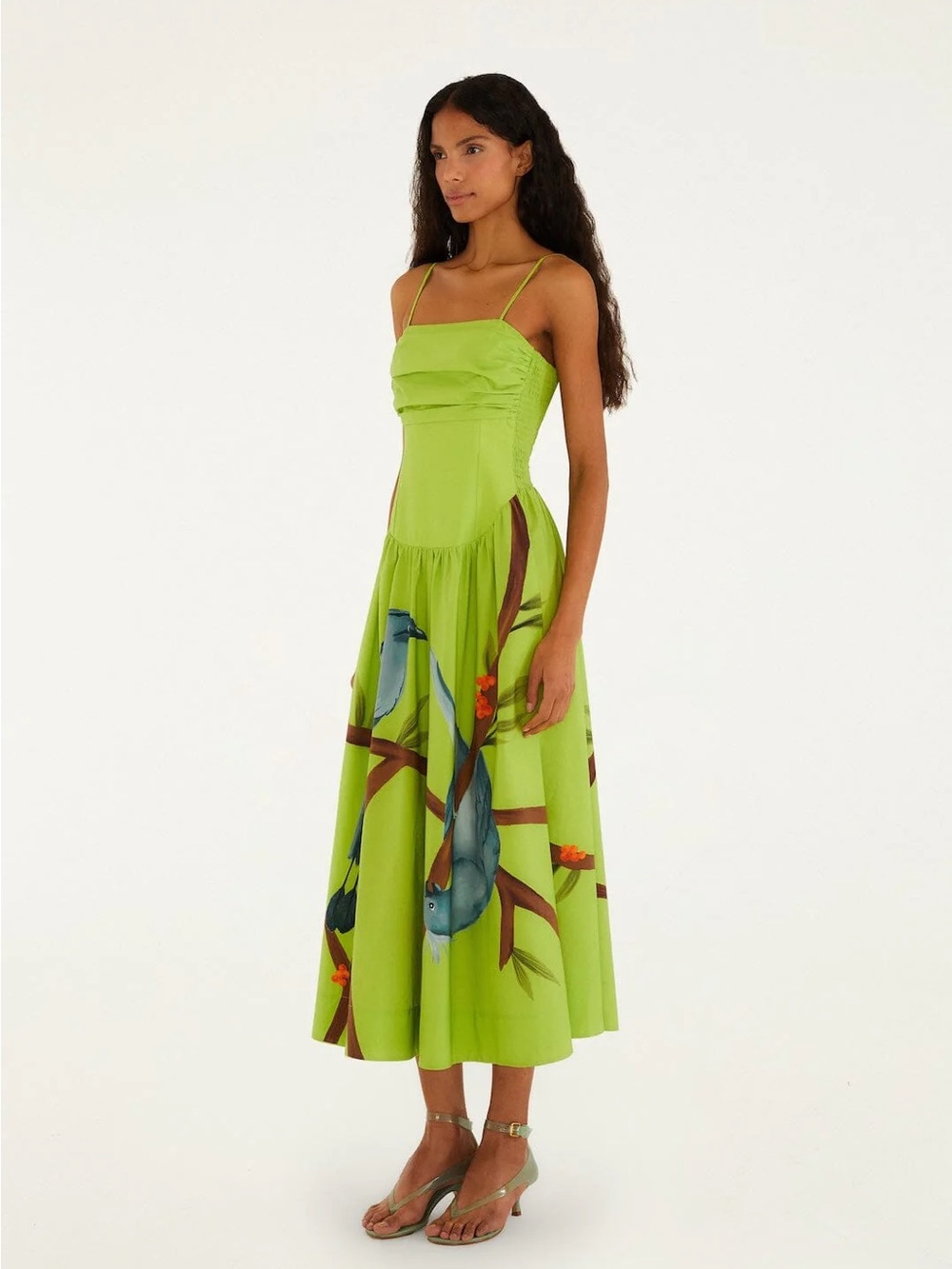 NWT - Farm Rio Green Birds Smocked Maxi Dress - Picture 2 of 5